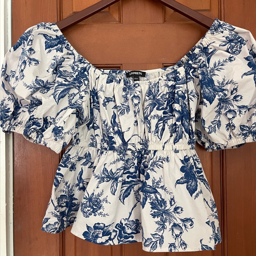 Express Blue & White Floral Peplum Puff Sleeve Top M